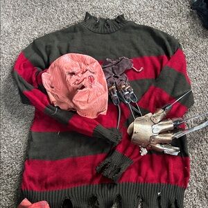 Red and Black Striped Sweater with Mask and Glove Freddy Krueger